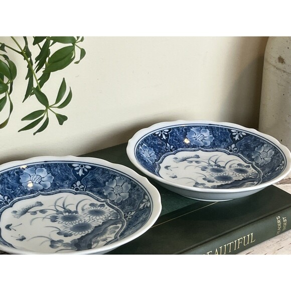 Vintage Japanese Set Of 2 Rice Soup Bowl Blue/White Flowers Design Home Decor - Picture 5 of 10